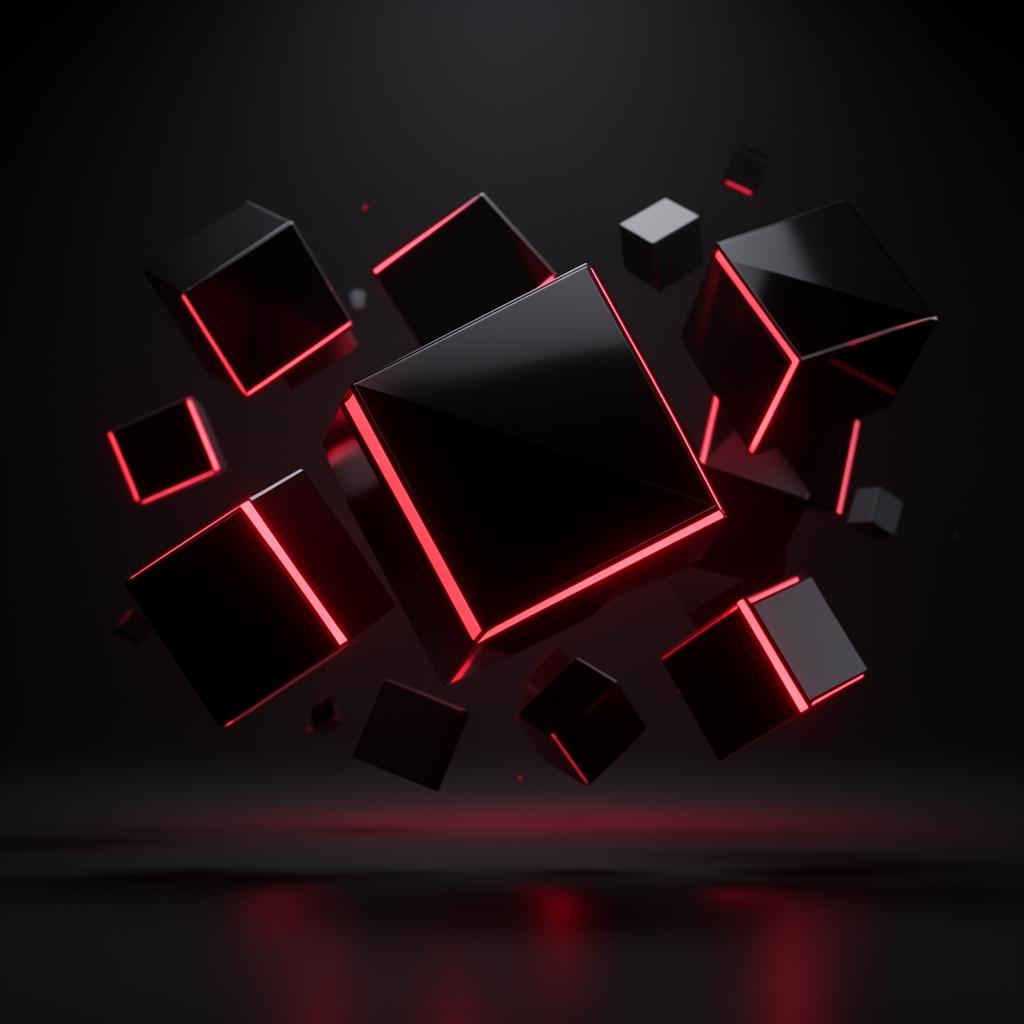 Floating geometric cubes with red glow representing Hunar Studio's creative work